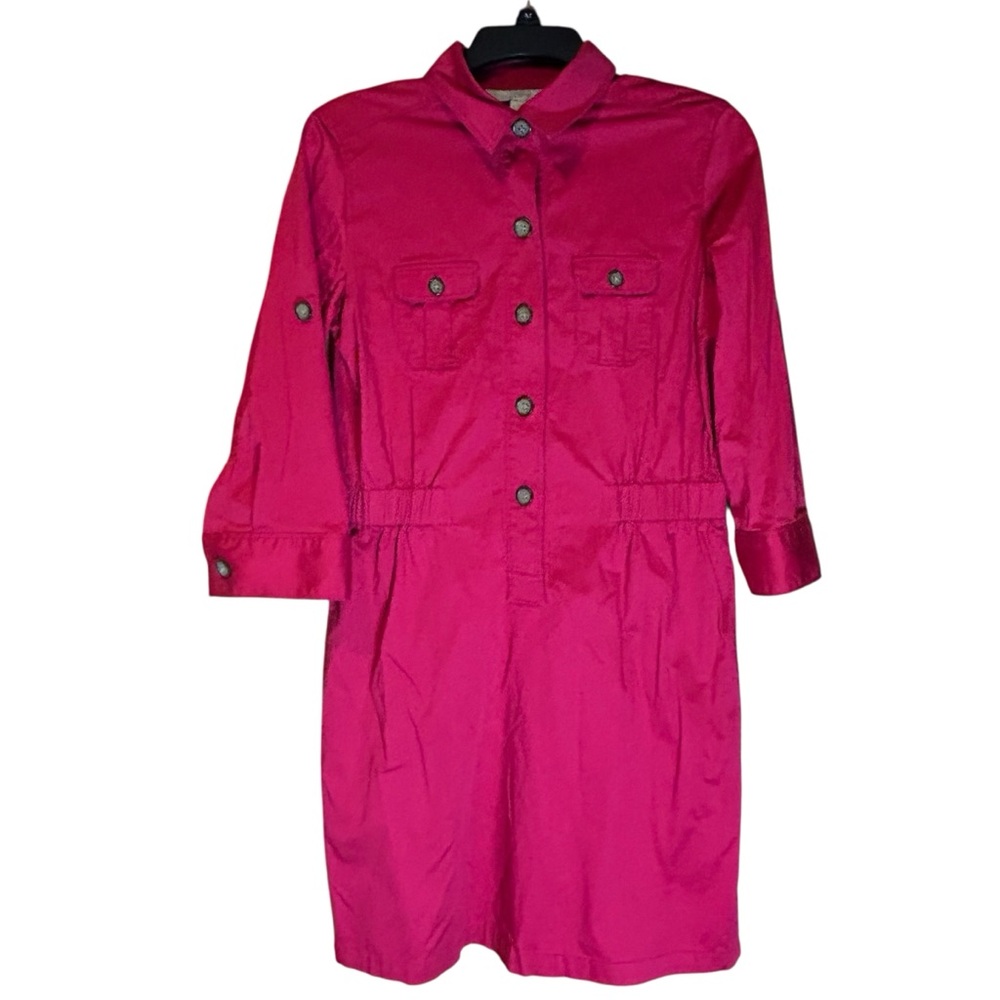 LOFT Red Utility Shirt Dress Size Small Pockets Cotton Stretch Roll Tab Sleeve‎